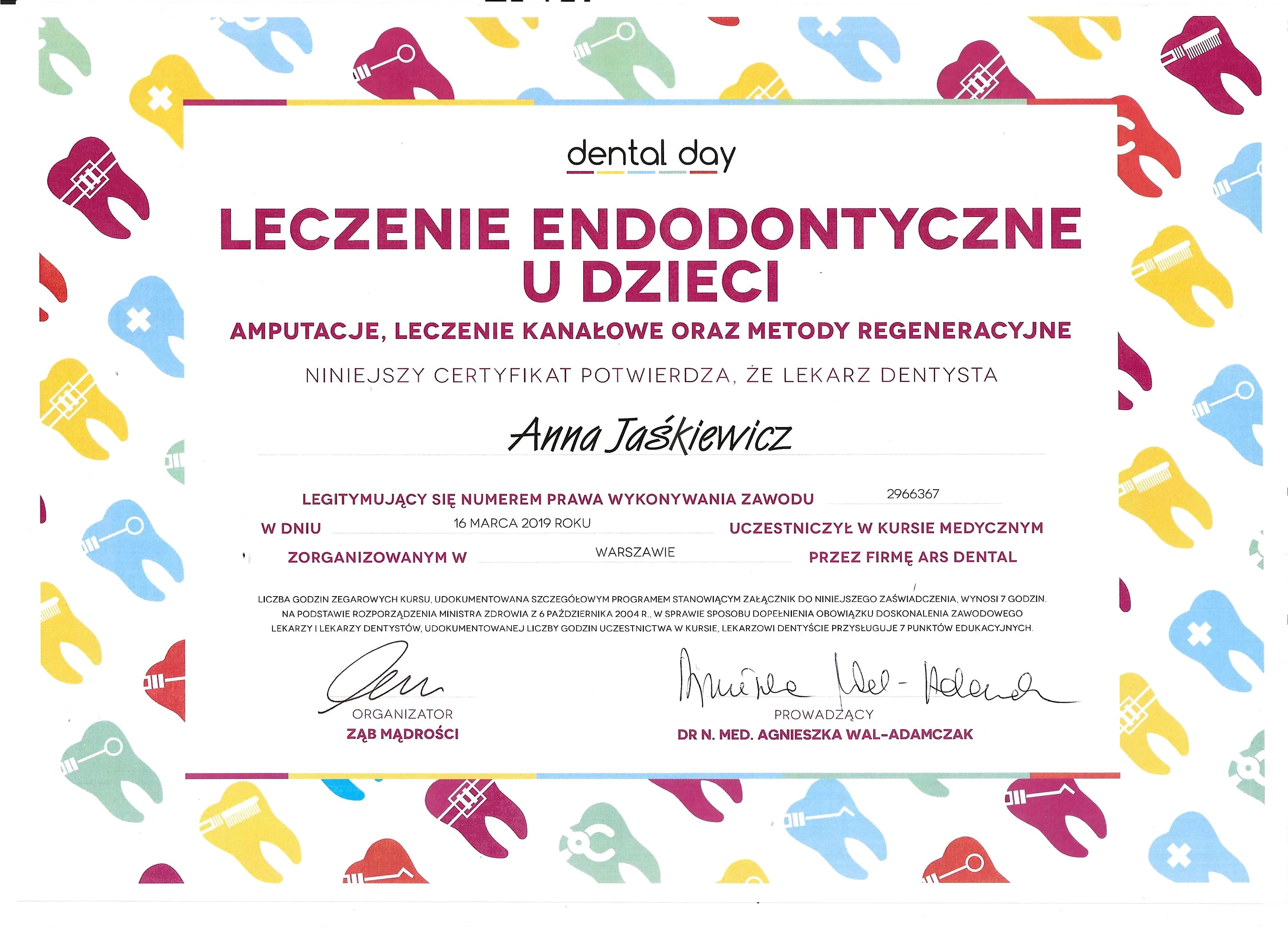 Certyfikat Stomatologia - Anna Jaśkiewicz